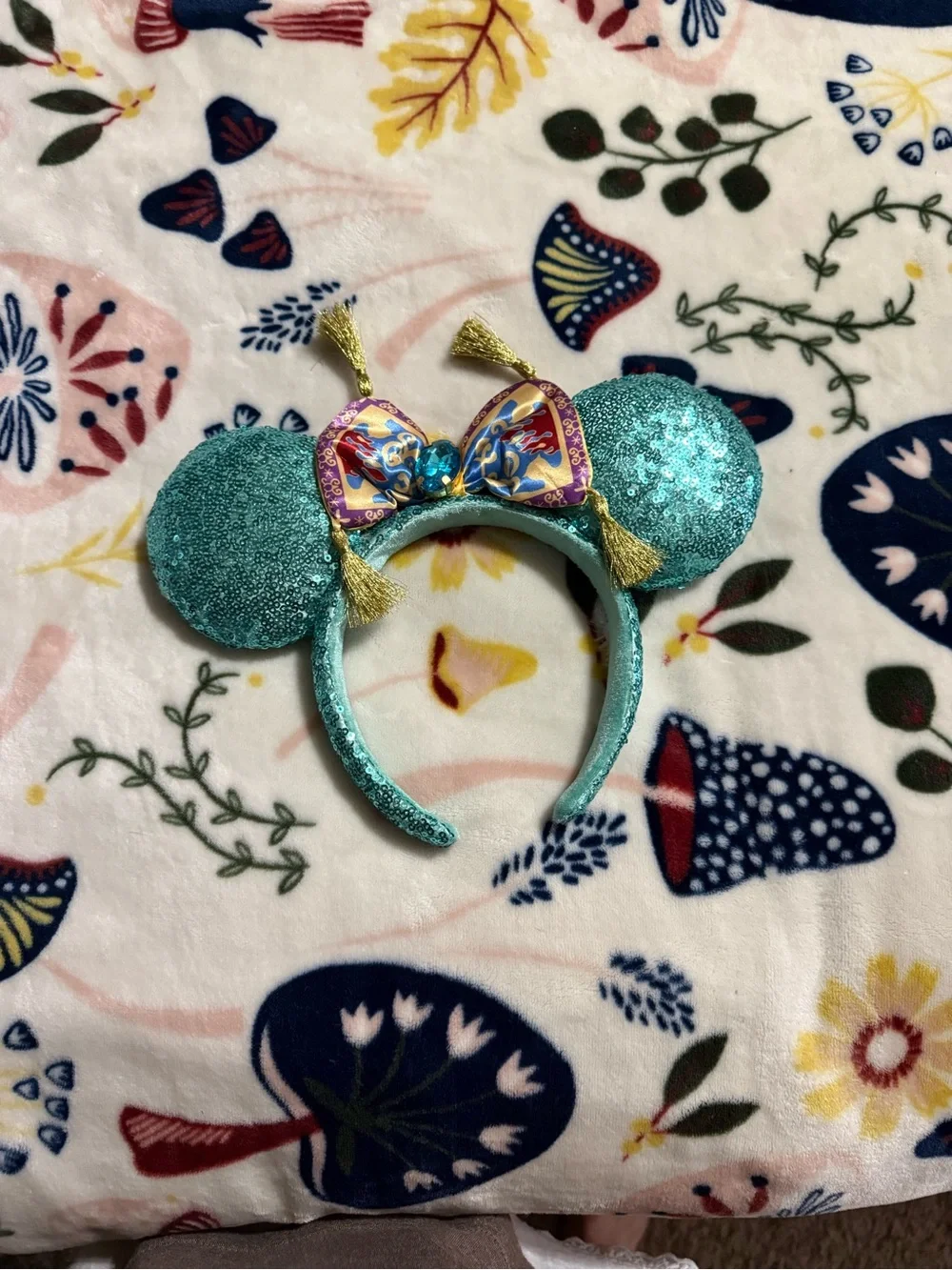 Disney Teal Sequin Minnie Ear Headband with Multicolor Patterned Bow